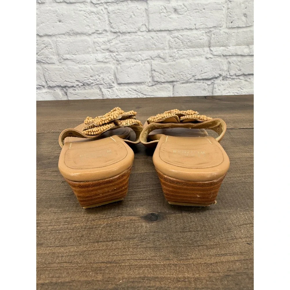 Stuart Weitzman Beaded Flower Thong Wedge Sandals Tan Leather Size 6M